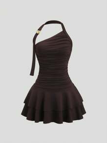 Sweetra Latest Style Halter Neck Spiral Metallic Decor Waisted Flared Mini Dress