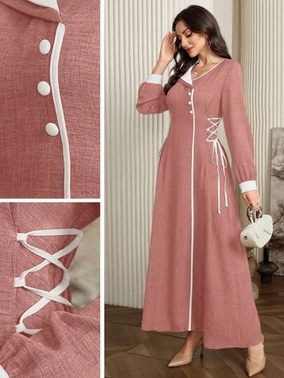 Modelyn 女士拼色翻领长袖侧系腰优雅阿拉伯朴素连衣裙长款晚礼服