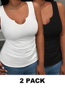 Slaydiva 2pcs/Set Casual Versatile Summer Ribbed Sleeveless Top And Camisole Plus Size, Suitable For Summer - Black and White - View 1