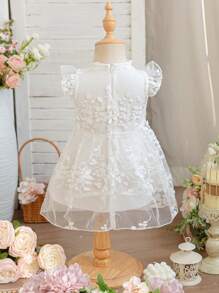 SHEIN Glamorique Kids Baby Girl Embroidered Stand Collar Design Casual Dress, Spring/Summer Wedding Dress For Baby Girl Clothes Elegant - White - View 2
