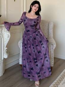 Modelyn Robe longue femme à manches longues évasées avec maille papillon, ourlet asymétrique. Minimaliste et élégante, pour l'été - Prune - Voir 4