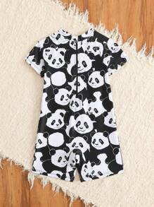 Baby Boy Cute Panda Print One-Piece Zip-Back Beach Swimsuit - Black and White - View 4