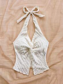 Soleia Top ajustado sin espalda con cuello de halter, nudo delantero y textura de punto en color beige, apto para fiesta, cita, té de la tarde, playa, atuendo de verano