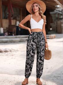 Breezaya Women's Tropical Plant Print Elastic Waist Pocket Ankle Length Pants, Spring/Summer Fall Cloth For Women - Black - View 3