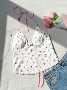 Comfortcana Women's White Ditsy Floral Rib Knit Halter Crop Top: Boho Style With Lettuce Trim And Asymmetrical Hem - White - View 4