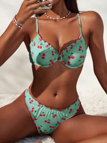 Swim Mod Women's Sweet Cute Lace Cherry Print Swimsuit Set For Summer Beach Vacation - Lime Green - View 1