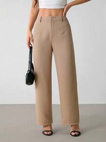 SHEIN PETITE Solid Color Straight Leg Pants, Minimalist Fashion Suitable For Summer In Fall/Winter