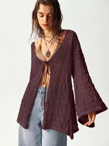 Plus Size Women Solid Color Long Sleeve Front Tie Hollow Out Loose Cardigan - Burgundy - View 4