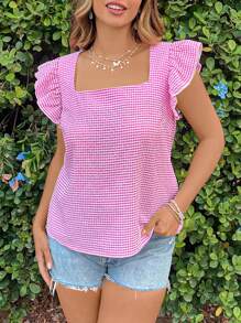 SHEIN VCAY Plus Size Casual Plaid Cap Sleeve Blouse Ruffle Cute Top Summer Top Vacation Party - Hot Pink - View 6