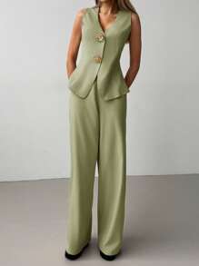 Aloruh 2 件套优雅办公室通勤 V 领上衣搭配长裤，百搭纯色金属纽扣装饰，杏色