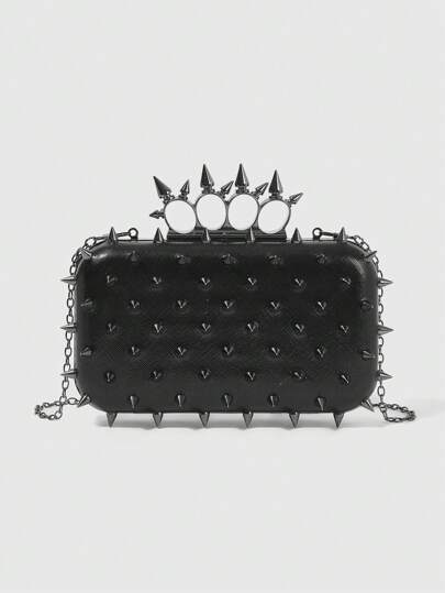 Goth Women Evening Clutch Bag, Simple Solid Color With Rivet Decor, Fashion