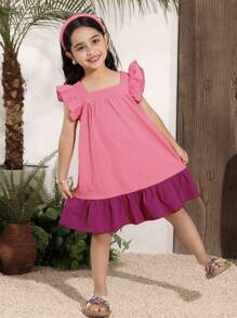 Young Girls' Lilac Purple Textured Chiffon Splice Rose Pink Skirt Flared Wide Sleeve Cap Sleeve Square Collar Splice 3D Bow Decor Mid-Length Casual Chic Korean Style Dress, Suitable For School, Travel, Vacation, Summer, Beach - Pink - View 2