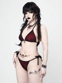 Bloopia 2pcs/Set Women's Spider Web Design Cutout Bikini Set, Black And Red, Casual Holiday Beach Party Wear, Avant-Garde Gothic, Halloween - Multicolor - View 5