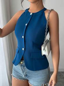 Elenzga Elegant Fitted Halter Neck Women's Top - Blue - View 5