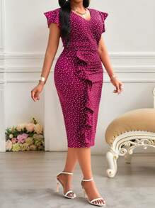 SHEIN Lady Vestido rojo de fiesta navideña con estampado de corazón de sol, con volantes fruncidos para mujer. Vestidos de talla grande para vacaciones, atuendos de playa, vestido de boda para invitada, vestido casual de negocios, vestido de graduación para mujer - Rosa Fucsia - Ver 3