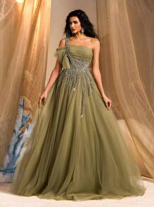 Glamrae Elegante e lindo vestido tutu de tule com apliques de lantejoulas e miçangas luxuosas verdes, bainha e cauda grandes, com babados, adequado para casamentos, despedidas de solteira, férias, bailes de formatura, jantares (design resistente), formais, vestidos de festa, vestidos longos, para noite, convidados de casamento - Verde de Exercício - Ver 8