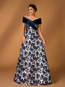 Serin Elegant Luxurious Off Shoulder Jacquard Satin Ruched Organza Ruched A-Line Dress, Suitable For Wedding, Party, Vacation, Prom, Bridal Mother Dress - Navy Blue - View 1