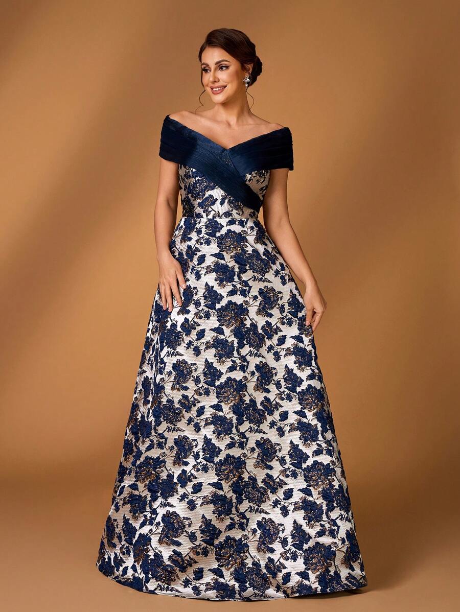 Serin Elegant Luxurious Off Shoulder Jacquard Satin Ruched Organza Ruched A-Line Dress, Suitable For Wedding, Party, Vacation, Prom, Bridal Mother Dress - Navy Blue - View 1