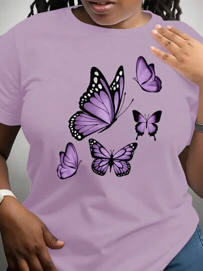 INAWLY Top de manga corta con cuello redondo y estampado de mariposas, versátil y adorable para mujer, para el verano