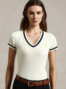 Briarwyn Blusa lavorata a maglia con scollo a V, maniche corte, contrasto di colore, con ricamo a lettera, per outfit estivi da donna, casual business