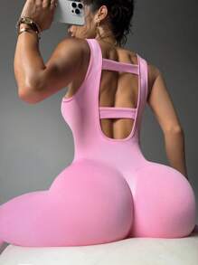 Gameset SHEIN Sport Women's Solid Color Elastic Seamless Perforated Activewear Jumpsuit - Pink - View 1