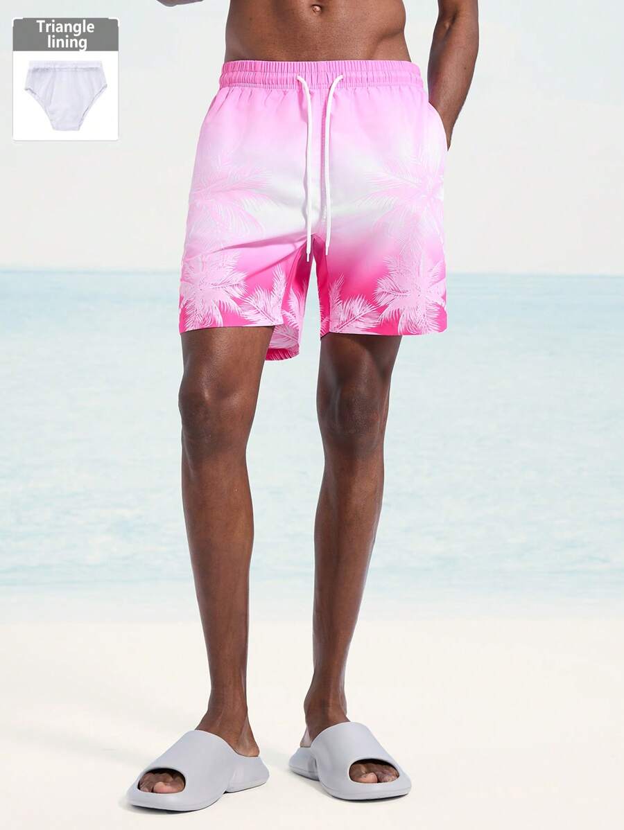 Surfspeed Men Botanical Ombre Print Drawstring Waist Pocket Beach Shorts (Print Asymmetrical) - Hot Pink - View 1