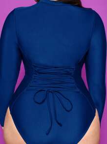 SHEIN Swim Plus Size One-Piece Swimsuit With Adjustable Drawstring And Bindwrap - Navy Blue - View 5