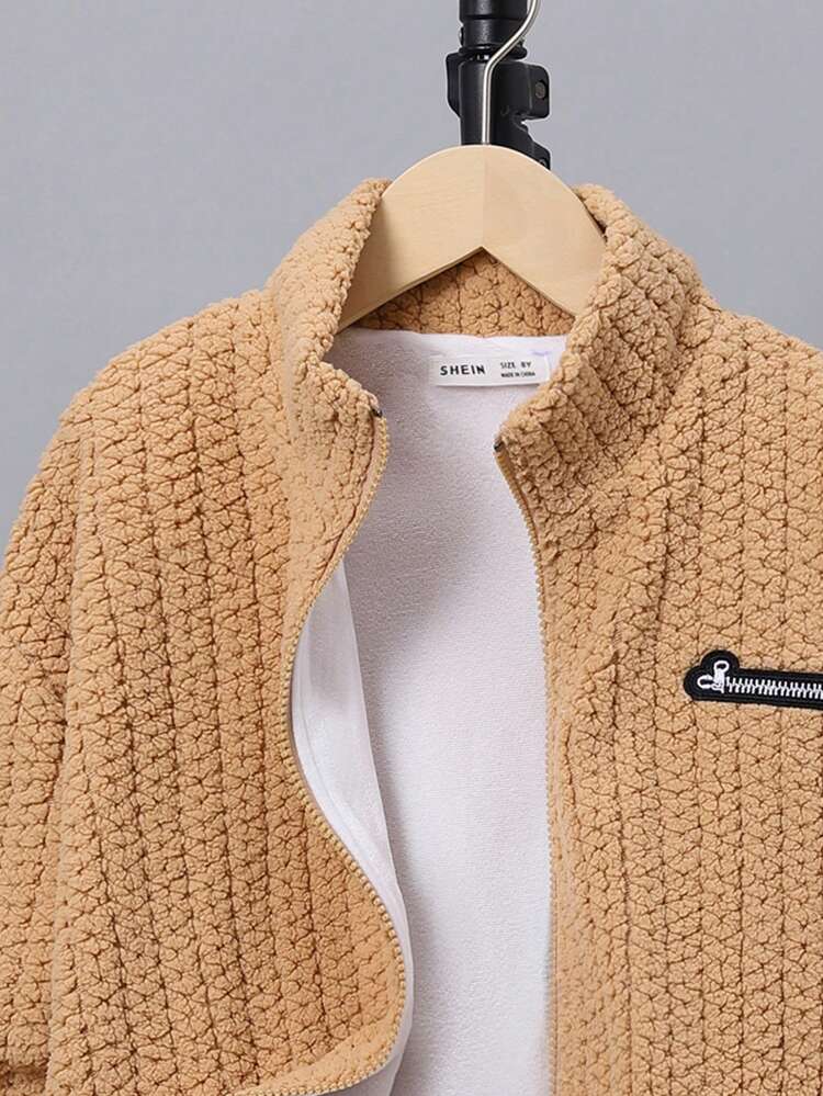 Tween Boy Patched Detail Thermal Lined Zip Up Coat Without Tee