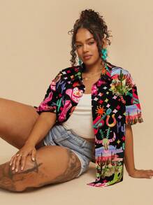 Travachic 大码女式休闲热带植物印花翻领海滩短袖衬衫 - 黑色 - 查看 3