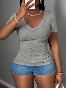 Slaydiva Women's Casual Sleeveless V-Neck Ribbed Tank Top, Basic White - Grey - View 5