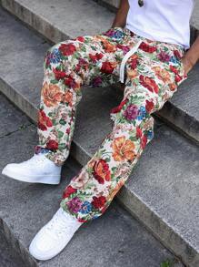 Manfinity Roghcode Men's Casual Daily Wear, Perfect For Seaside Vacations, Featuring An INS-Style Loose Floral Print Straight-Leg Pants, Fall - Multicolor - View 2