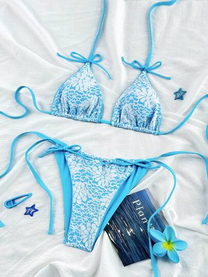 SHEIN Swim Set Of 2: Textured Floral Print Spaghetti Strap Bowknot Side Tie High Cut Bikini Swimwear For Women, Suitable For Beach & Vacation For Summer