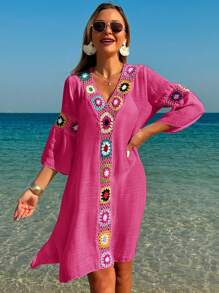 Swim Lushoire Vrouwen V-hals 3/4 mouw haak bloemenprint losse pasvorm zijsplit jurk/cover up