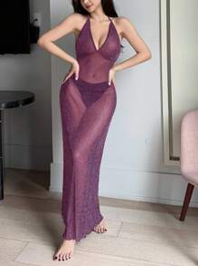 DAZY Sheer Silver Shiny Thread Mixed Mesh Deep V-Neck Backless Sexy Nightgown For Going Out - Red Violet - View 5