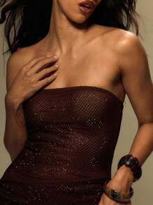 MUSERA Mesh Diamante Fitted Bandeau Y2k Dress For Summer, Vacation, Festival Outfit Ibiza Concert Beach