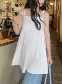 DAZY 女士夏季纯色荷叶边下摆休闲吊带背心娃娃装上衣 - 白色 - 查看 3