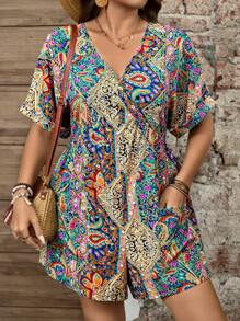 SHEIN LUNE Plus-Size Women Summer Paisley Print Holiday Jumpsuit For Women