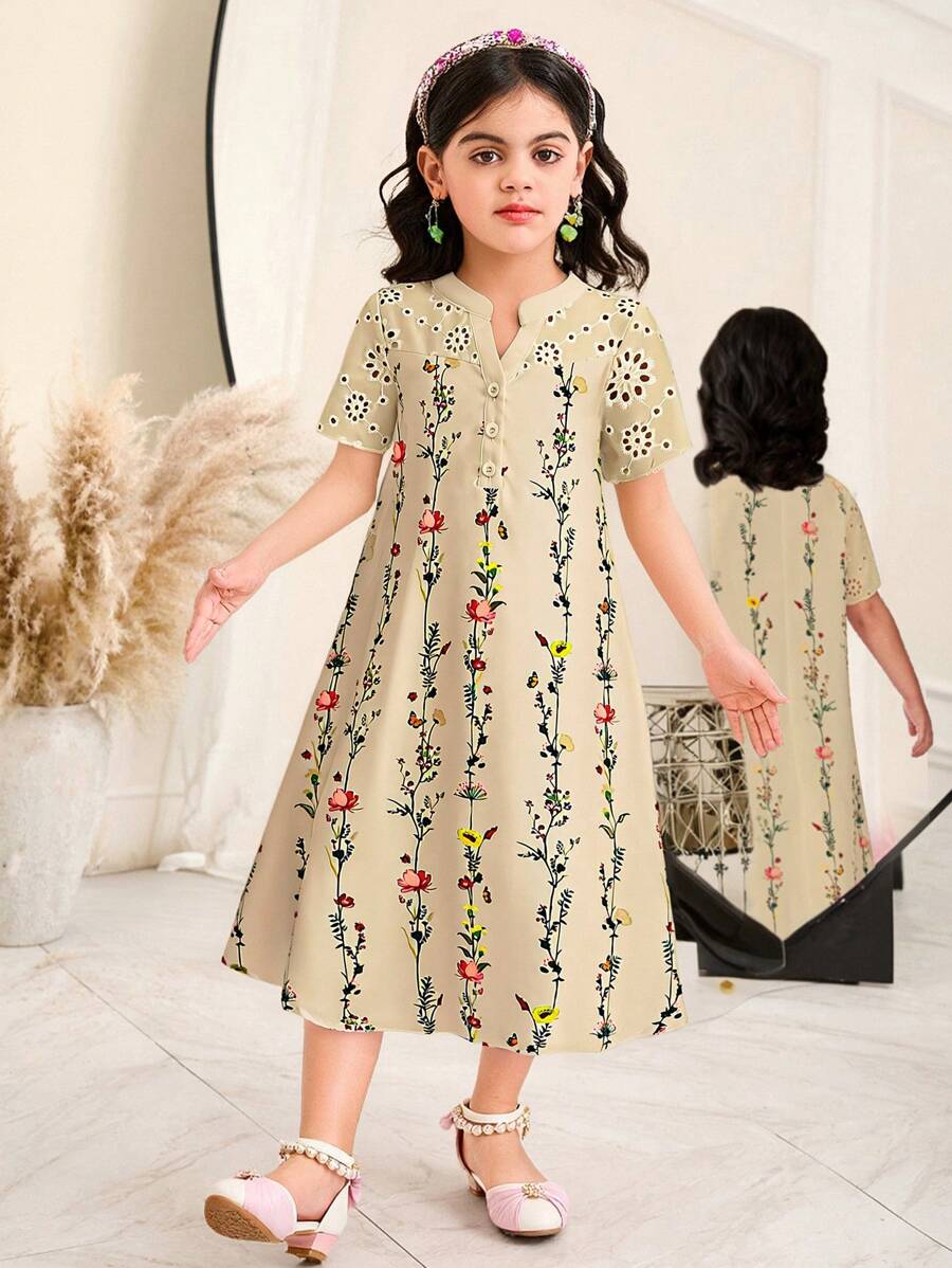 SHEIN Young Girl Woven Floral Contrast Lace Embroidery Hem A-Line Dress, National Floral Rose Patchwork, Short Sleves, Spring And Summer, Suitable For Girls Daily Wear, Festivals, Vacation, Holidays, Family Gatherings And Special Occasions, Sibling Outfits Sisters Style Outfit, Spring And Summer, Cute & Elegant & Sweet & Vintage & Fashionable.