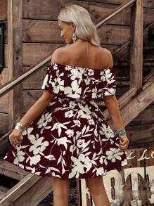 LanaWest Women's Floral Print Ruffle Ruffle Hem Casual Dress - Burgundy - View 2