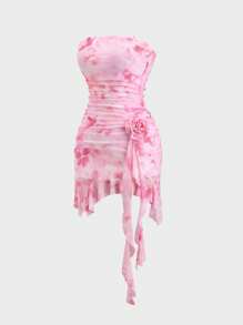 Sweetra Asymmetrical Ruffled Hem Short Dress With Elegant Design - Pink - View 2