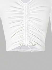 SHEIN Ensemble de 2 pièces pour jeunes filles : Top à manches longues col V unicolore et jupe imprimé léopard taille élastique - Multicolore - Voir 5