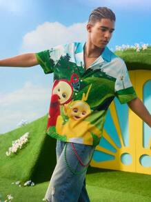 Teletubbies X SHEIN 男士休闲卡通图案前扣短袖衬衫，夏季 - 彩色 - 查看 4