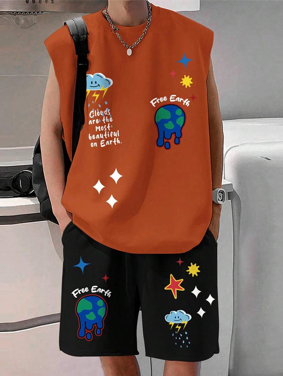 Claim Dot 男士口号印花圆领休闲背心和短裤套装 - 彩色 - 查看 1