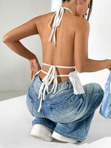 SHEIN EZwear 乡村音乐会白色蕾丝女士吊带背心，夏季时尚 - 白色 - 查看 2