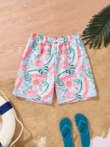 SHEIN 男士度假风格印花梭织面料沙滩短裤，家庭装母子装（4 件单独出售），夏威夷风 - 彩色 - 查看 3