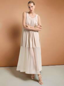 Ontre 2025 Women Solid Color Pleated Round Neck Sleeveless Casual Dress
