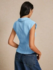 Poéselle Exquisite Jacquard Textured Grain Fabric, Excellent Minimalist Shap And Fashionable Lettuce Trim Button Front Textured Slim V-Neck Tee, Summer Vacation Season Polo Shirts For Women - Blue - View 5