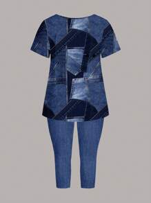 EMERY ROSE 2 pezzi Set da donna taglie forti di maglietta estiva casual con stampa effetto jeans patchwork e leggings 7/10 lunghezza