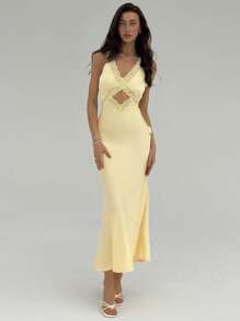 Aloruh Váy ren khoét sâu cho nữ, màu trơn, thời trang, phù hợp cho mùa hè - Màu vàng - Xem 5