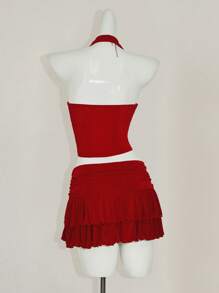 SHEIN ICON 2pcs Women Halter Top + Mini Skirt Set - Red - View 6